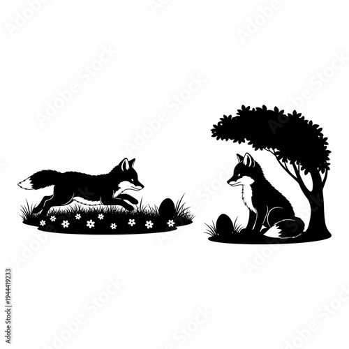 Two foxes in contrasting natural settings depicted in black and white silhouette art Vector, illustration