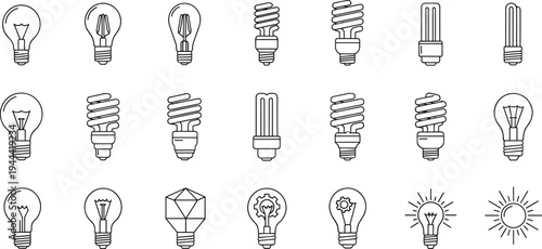 Light bulb and energy saving lamp line icons set, electricity illumination outline vector collection for power lighting design