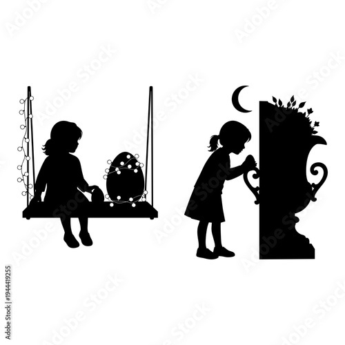 A child’s whimsical encounter with a magical egg and mysterious figure Vector, illustration