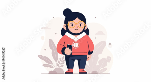 A stylized person in glasses and a sweater holds a book, surrounded by muted plant shapes