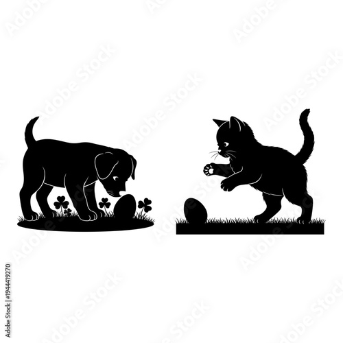 Playful puppy and kitten exploring nature together in a whimsical scene Vector, illustration