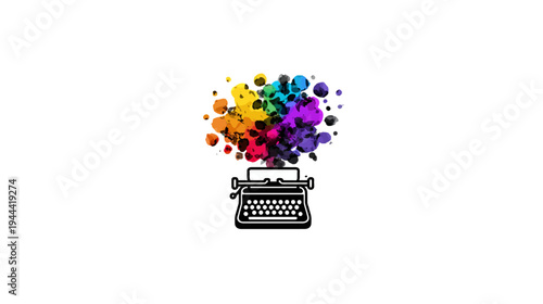 Black and white typewriter with a burst of colorful ink splatters rising above it on a white background