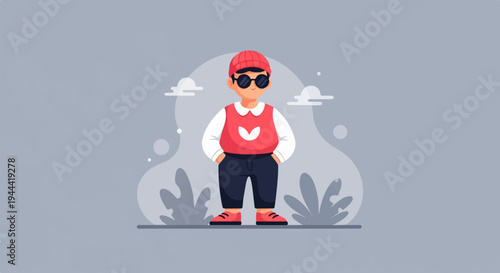A cartoon child in sunglasses and a red beanie with hands in pockets