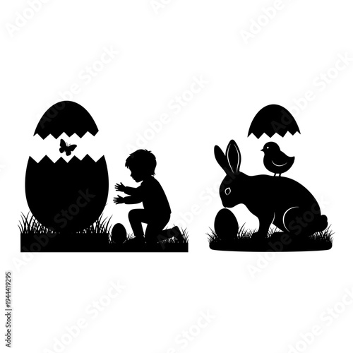 Easter celebration with a child and a rabbit near cracked eggs and a bird Vector, illustration