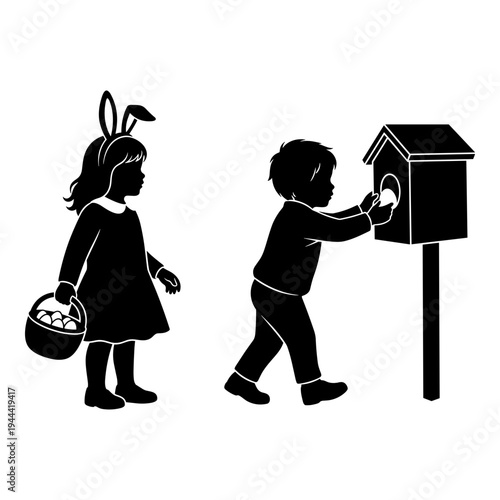 Children collecting eggs from a decorative mailbox on easter day Vector, illustration