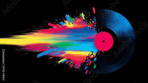 A vinyl record design with a burst of color. The colors radiate from a fractured record. Black background