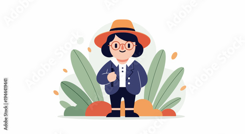 Cartoon character with hat and glasses, holding object, amidst stylized greenery