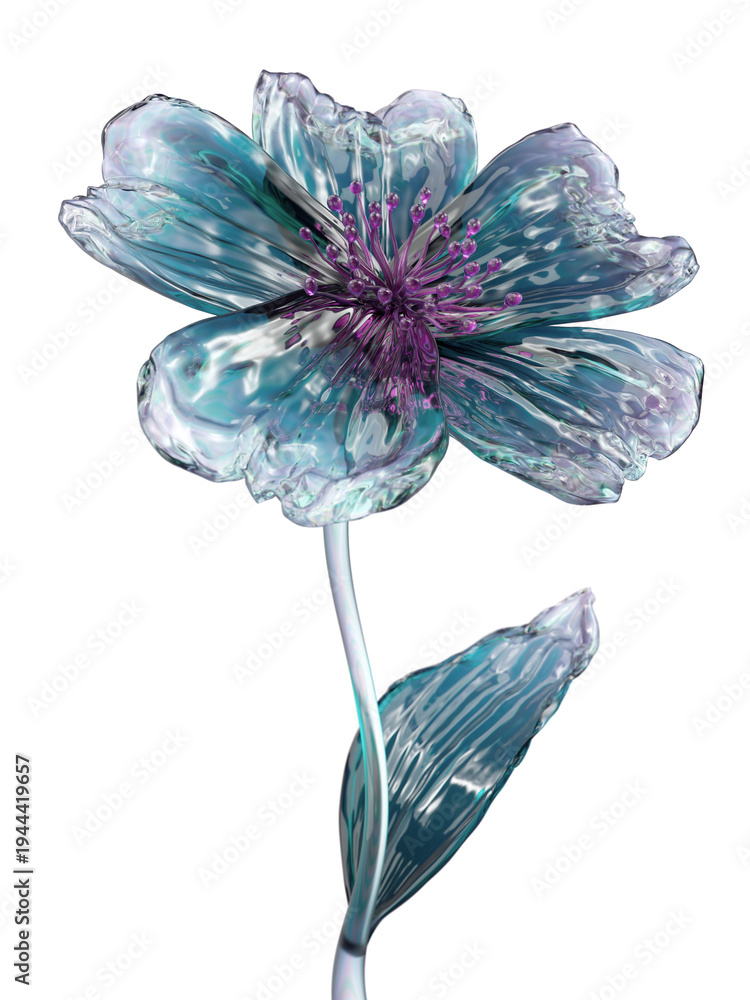 Fototapeta premium Glass Flower Sculpture in Blue and Purple Tones, Translucent Decorative Botanical Art on White