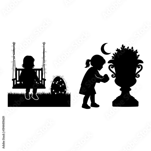 Childhood whimsy and the magic of an enchanted garden statue at night Vector, illustration