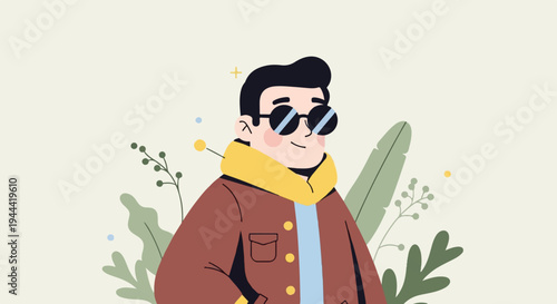 A stylized portrait of a young man with dark hair, sunglasses, and a yellow scarf, surrounded by foliage