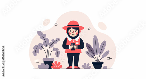 A cheerful person in a hat holds a smartphone surrounded by potted plants and abstract shapes
