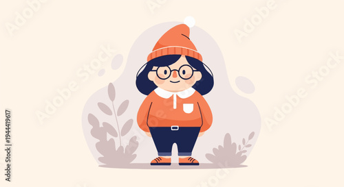 A cute cartoon character wearing a warm orange outfit, including a hat