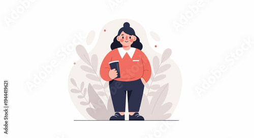 A stylized, chubby person with dark hair bun, wearing a coral shirt and navy pants, holds a book