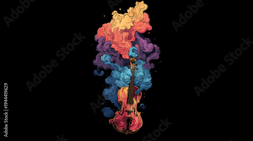 A vibrant, artistic illustration of a violin enveloped in colorful, swirling smoke against a black backdrop
