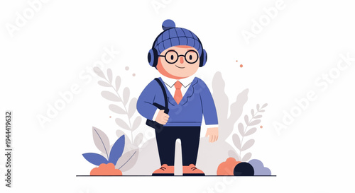 Cheerful cartoon person in winter attire, headphones, and satchel, surrounded by plants