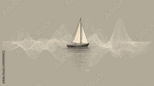 A sailboat floats peacefully on water. Abstract waves curve around the boat's reflection