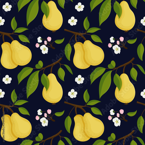 Seamless pattern with pears on tree branches with flowers, dark background