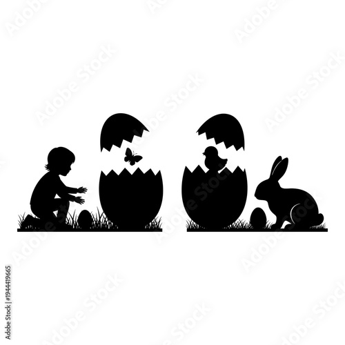 Children and animals celebrating the emergence of new life from eggs Vector, illustration