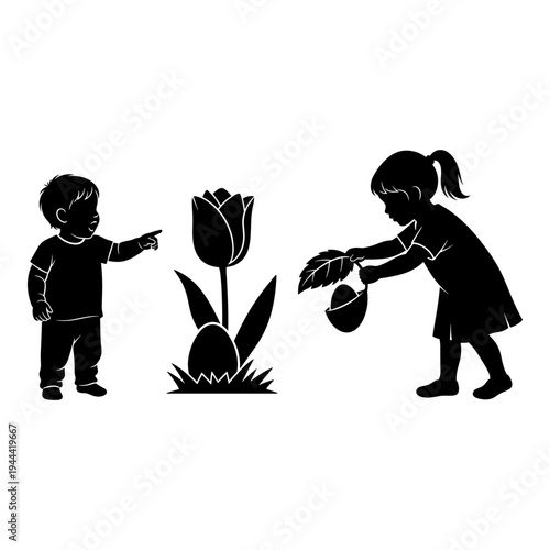 Children engaging in a gardening activity with a flower and watering can Vector, illustration