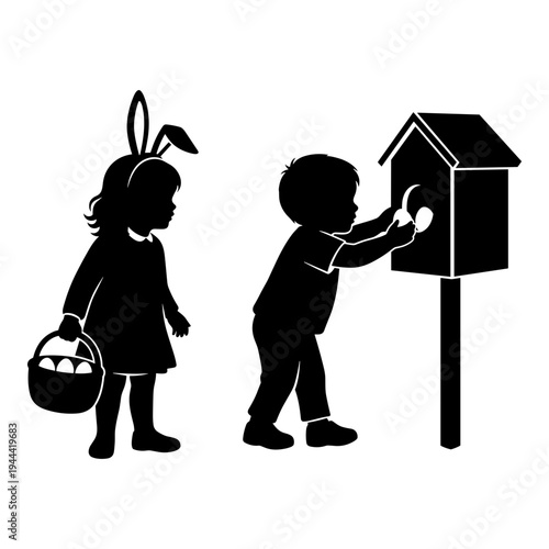 Children collecting eggs from a decorative mailbox on a sunny day Vector, illustration