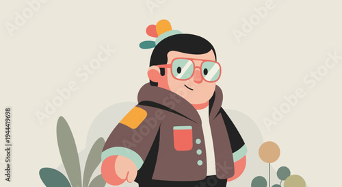 A stylized, friendly person wearing glasses and a brown jacket, adorned with colorful hair accessories