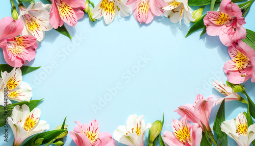 Wallpaper Mural spring flowers frame. botanical flatlay border of alstroemeria lily like flowers on blue background Torontodigital.ca