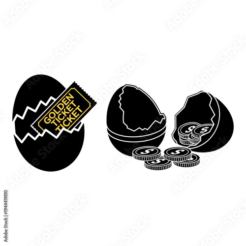 Easter egg surprise with golden ticket and money inside hollow eggs Vector, illustration