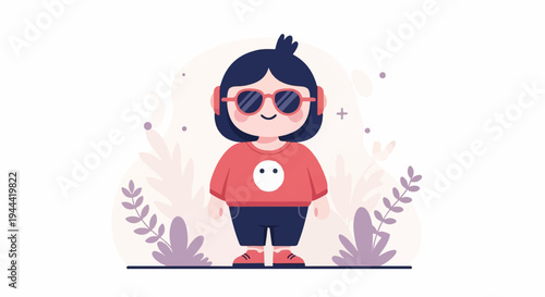 A playful character wearing headphones, sunglasses, and a casual outfit, set against a soft, abstract floral backdrop