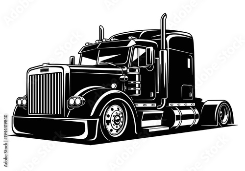 Classic American Long Nose Semi Truck Vector Silhouette Isolated on White Background