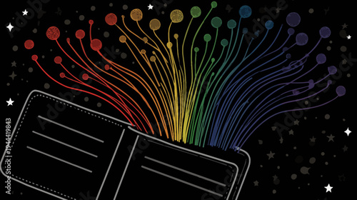 A wallet emits a spectrum of colors resembling a rainbow, set against a dark, starry background