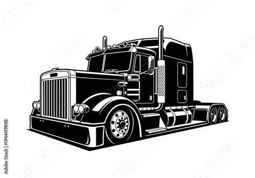 Classic Long Nose Semi Truck Tractor Vector Silhouette Isolated on White Background
