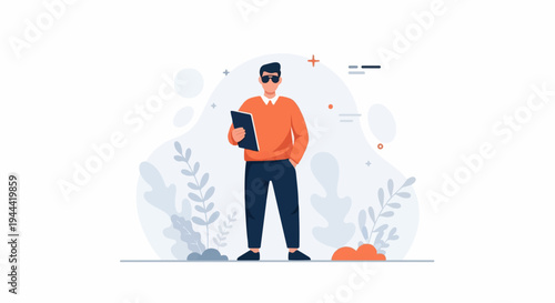 A man in sunglasses and an orange sweater holds a tablet amidst abstract shapes and foliage