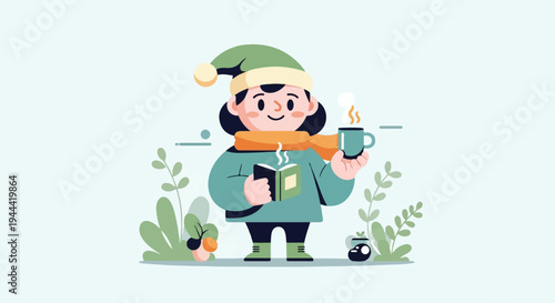Cozy illustration of a person in winter hat and scarf, reading a book and drinking hot beverage