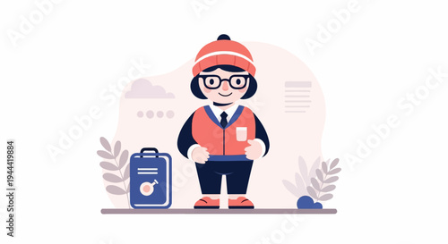 Character in winter attire with a suitcase, framed by abstract shapes and foliage