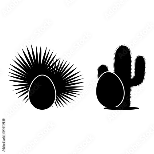 Silhouettes of two iconic desert plants, a barrel cactus and a prickly pear cactus. Vector, illustration