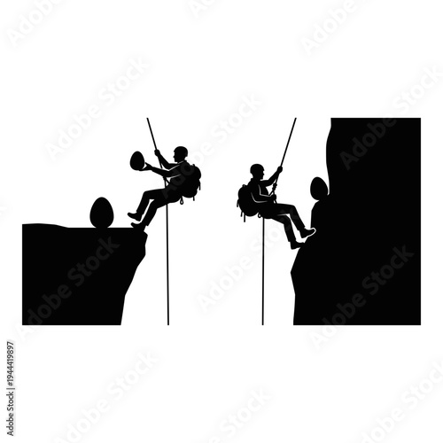 Two climbers rappelling down a steep rock face with safety gear in use Vector, illustration