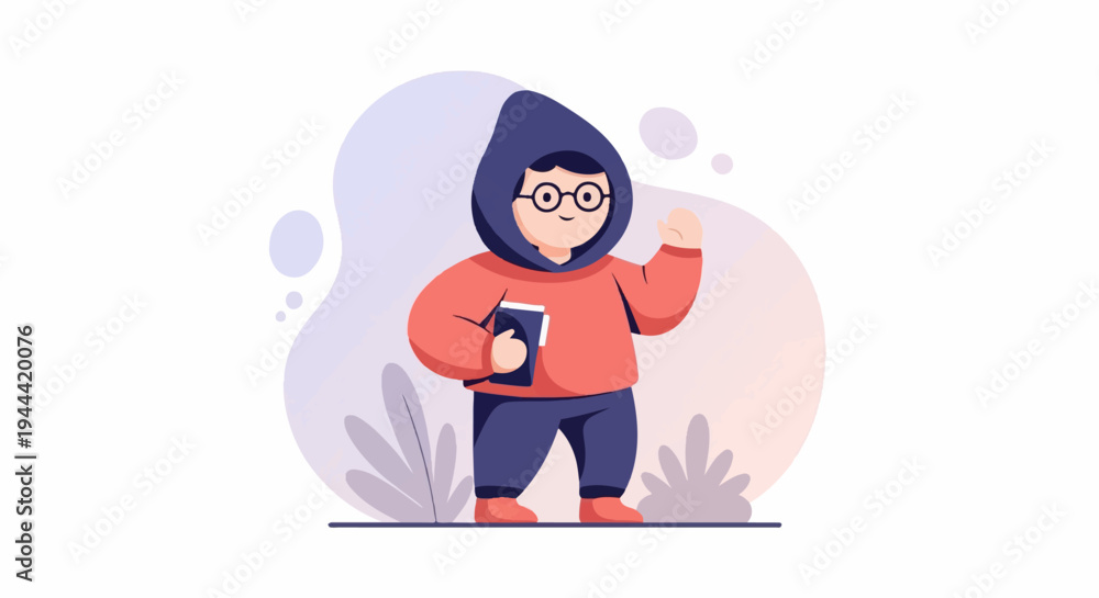 Obraz premium Cheerful person in hoodie holding book and waving with friendly, cartoonish style and simple plants