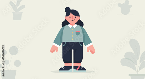 A cheerful, flat-illustrated person stands amidst potted plants in a minimalist setting