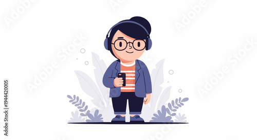 A stylized person with headphones and phone stands amidst abstract foliage and circles