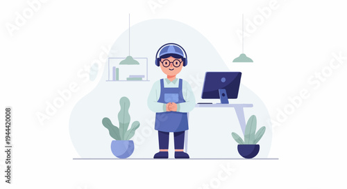 Person in apron with headphones and glasses stands by a desk with a computer