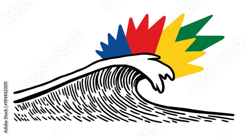 Graphic of a stylized wave breaking with colored bursts in blue, red, yellow, and green