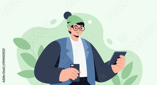 Young person in winter hat and jacket uses digital devices outdoors