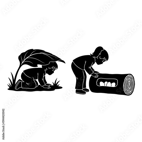 Children exploring nature and a log with holes for insects in a garden setting Vector, illustration