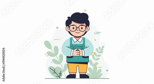 A stylized child with dark hair and glasses, wearing overalls and holding a book