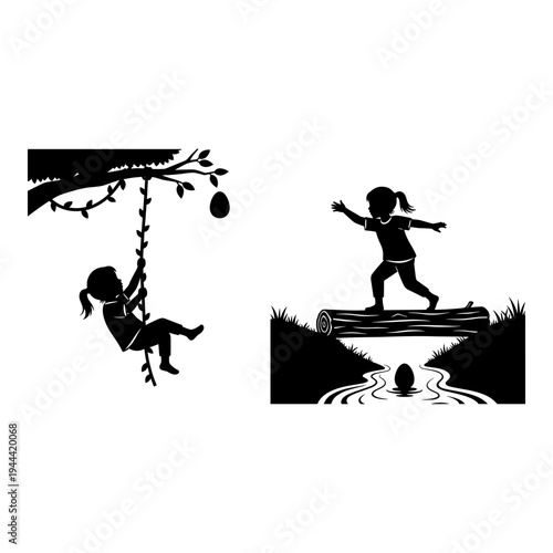 Childhood adventures in a natural playground filled with curiosity and exploration Vector, illustration