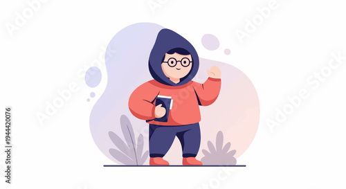 Cheerful person in hoodie holding book and waving with friendly, cartoonish style and simple plants