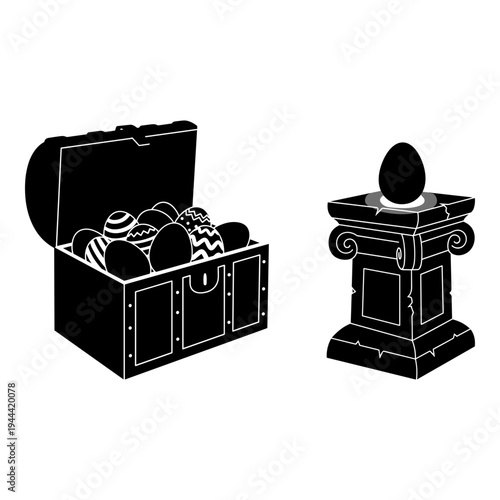 Easter treasures in a treasure chest and on an ornate pedestal Vector, illustration