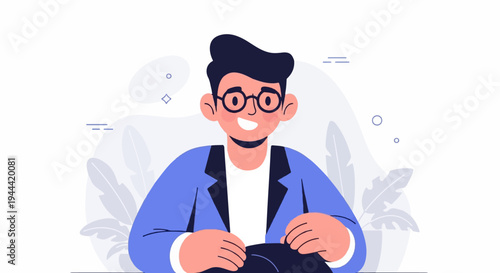 Animated young person with glasses and blue jacket smiles