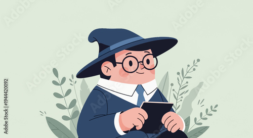 Whimsical character in a pointed hat and suit reads a book amidst foliage