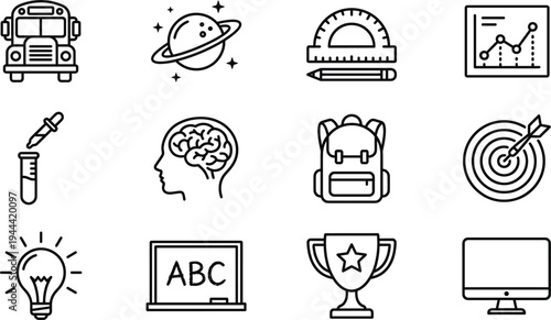 Education and School Icon Set with Bus, Planet, Protractor, Brain, Backpack, Target, Light Bulb, Laptop, Trophy and Analytics Symbols for Learning and Study Design